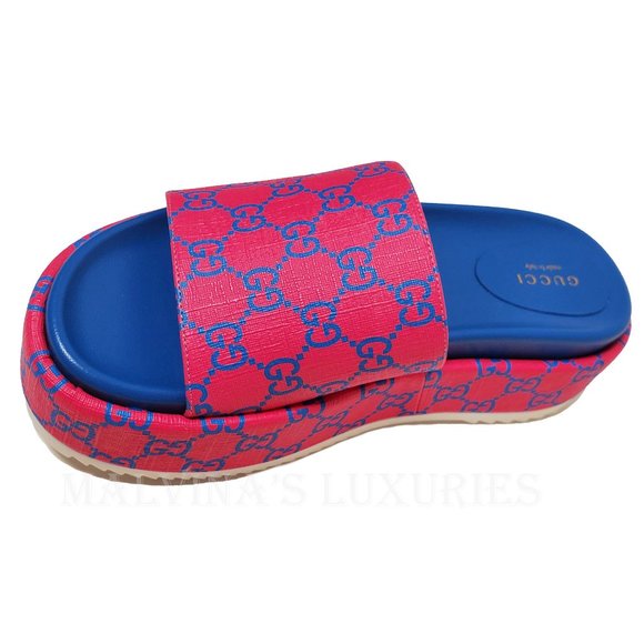 GUCCI SHOES GG SUPREME CANVAS JOY FUCHSIA PLATFORM SLIDE - Picture 8 of 15